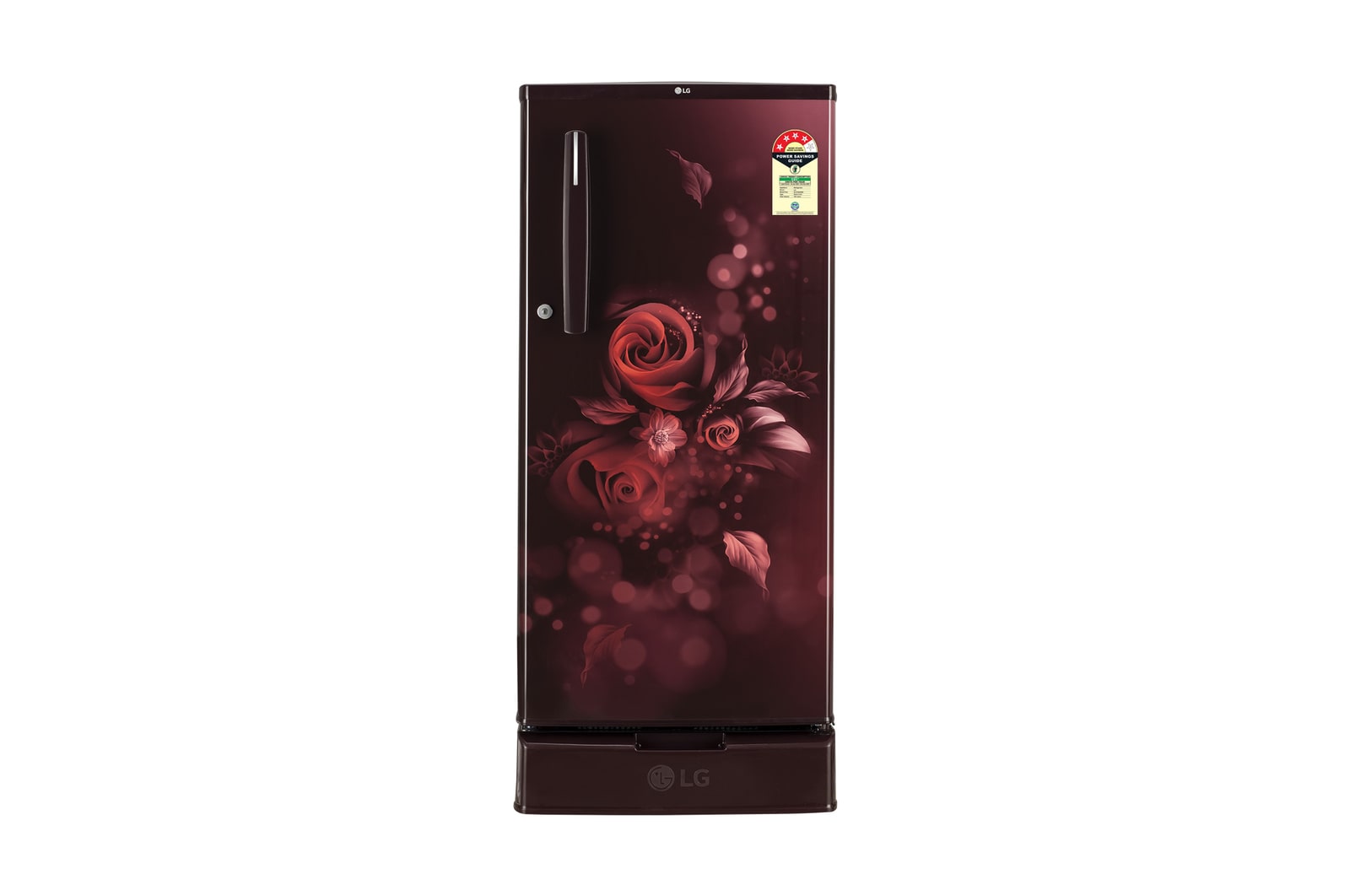 Front view of LG 185L Single Door Refrigerator, Base Stand drawer, Auto Smart Connect, Solar Connect, Scarlet Euphorioa, 4 Star GLD1945ZOSE