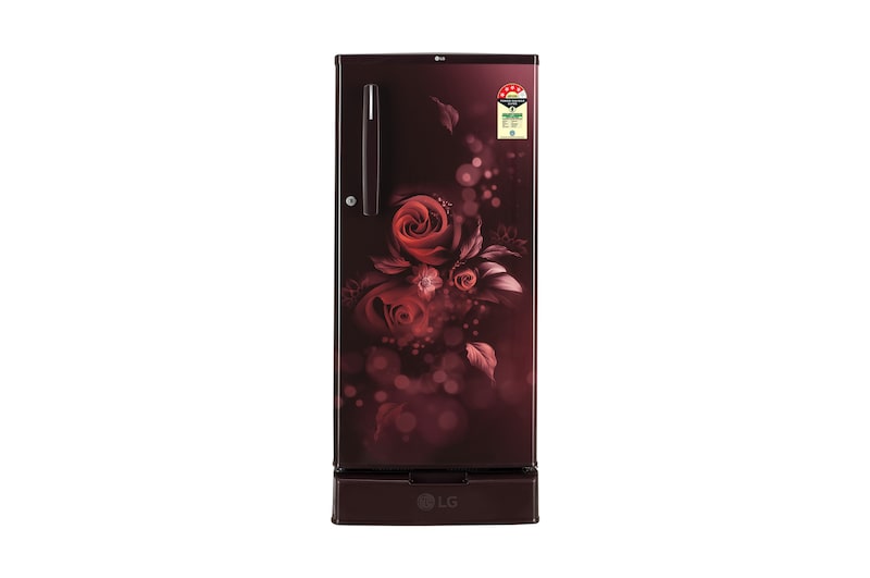 Front view of LG 185L Single Door Refrigerator, Base Stand drawer, Auto Smart Connect, Solar Connect, Scarlet Euphorioa, 4 Star GLD1945ZOSE