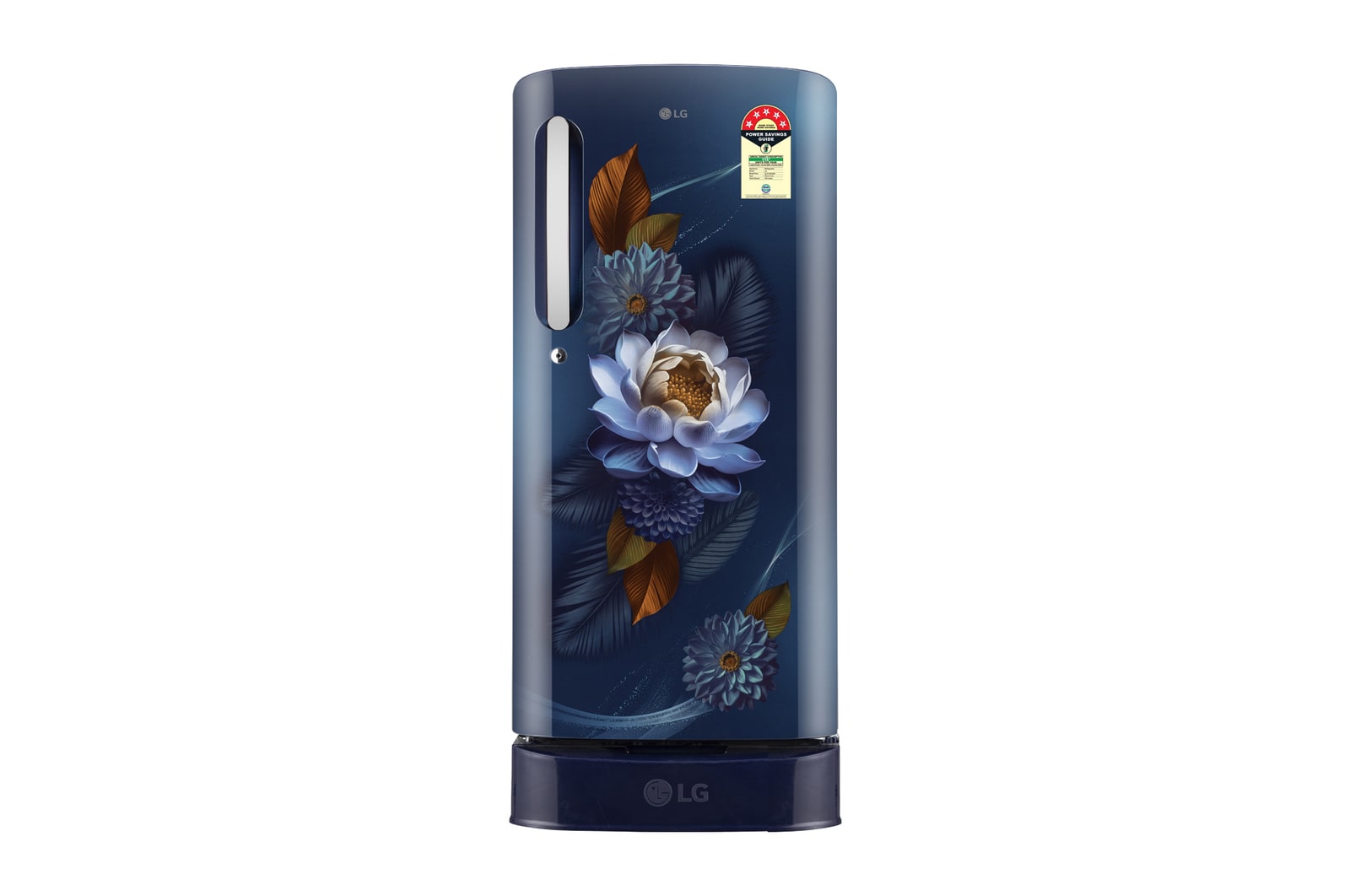 Front view of LG 185 L Single Door Refrigerator, Base Stand Drawer, Direct Cool, Smart Inverter Compressor, Blue Waterlilly, 5 Star GLD1956ZABW