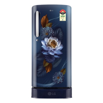 Front view of LG 185 L Single Door Refrigerator, Base Stand Drawer, Direct Cool, Smart Inverter Compressor, Blue Waterlilly, 5 Star GLD1956ZABW