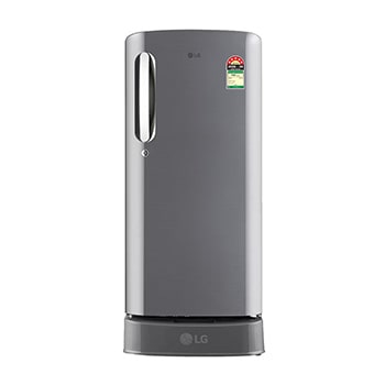 Front view of LG 185 L Single Door Refrigerator with Base Stand Drawer, Smart Inverter Compressor, Shiny Steel, 5 Star GLD1956ZAPZ