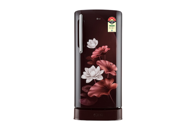 Front view of LG 201L Single Door Refrigerator, Base Stand Drawer, Smart Inverter Compressor, Scarlet Lotus, 5 Star GLD2156ZHSL
