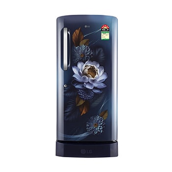 Front view of LG 185 L Single Door Refrigerator with Base Stand Drawer, Smart Inverter Compressor, Blue Waterlilly, 5 Star GLD2256ZABW