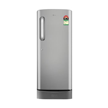 Front view of LG 224 L Single Door Refrigerator with Base Stand Drawer, Smart Inverter Compressor, Shiny Steel, 5 Star GLD2356ZAPZ
