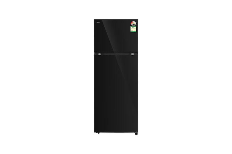 Front view of LG 466L Double Door Refrigerator, Wifi Convertible, Door Cooling+™, Black Mirror Finish, 2 Star GLT4626TEBM