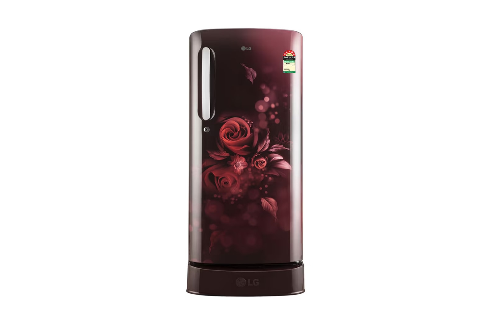 Front view of LG 185L Single Door Refrigerator, Smart Inverter Compressor, Base Stand Drawer, Scarlet Euphoria Finish, 5 Star GL-D201ASEU
