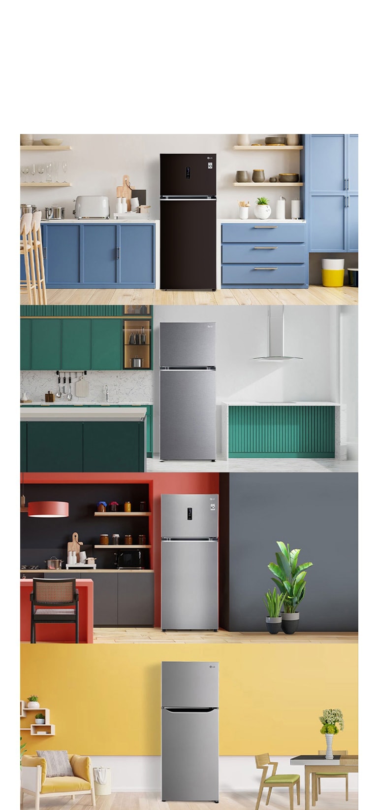 Four kitchens with double door refrigerators in silver, white, black, and stainless steel, enhancing each space's style.
