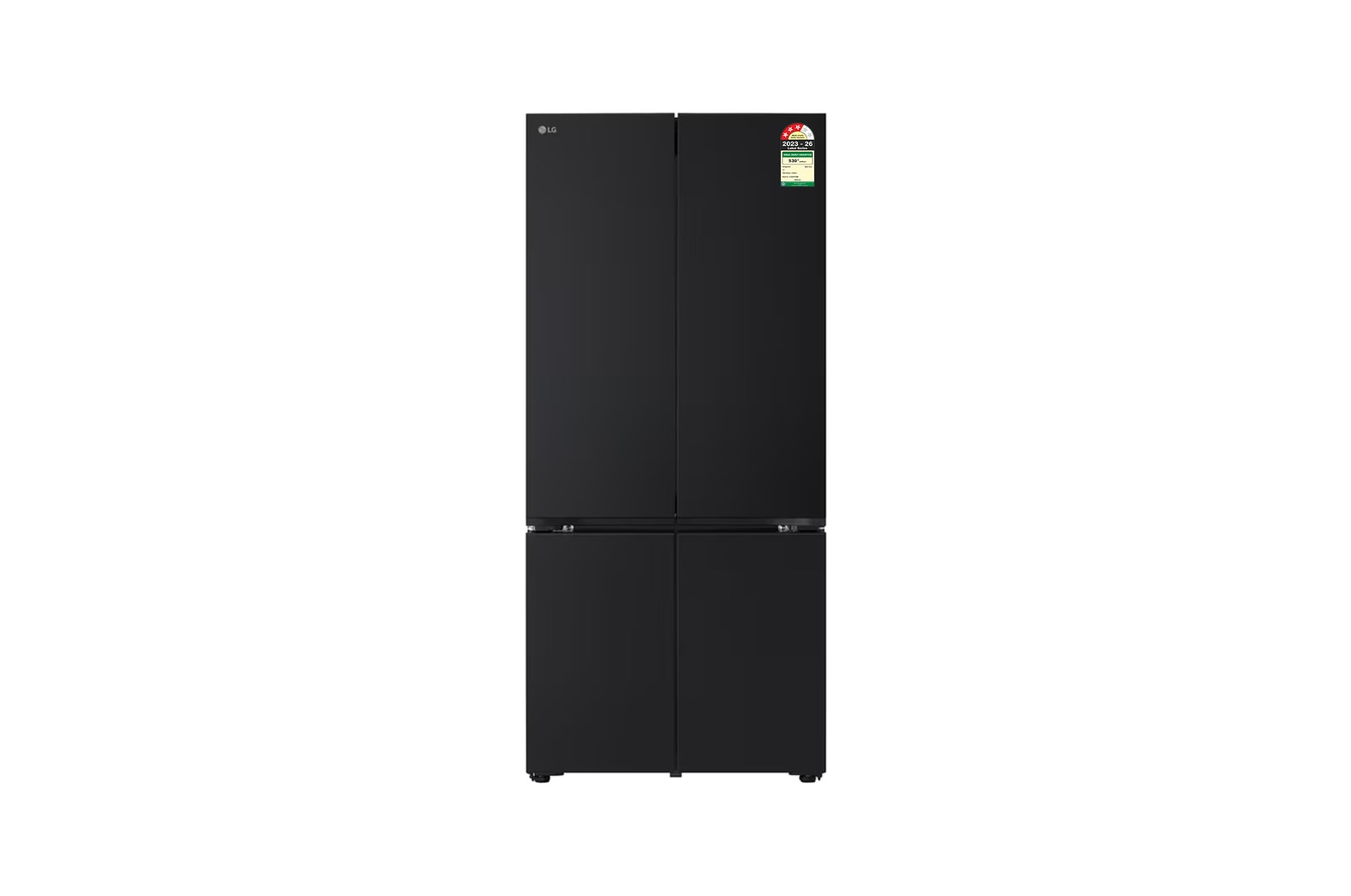 Front view of LG 610L French Door Refrigerator, Fresh Converter+, Wi-Fi Convertible, DoorCooling+ Black Glass Finish, 3 Star GV-B25FFGMB