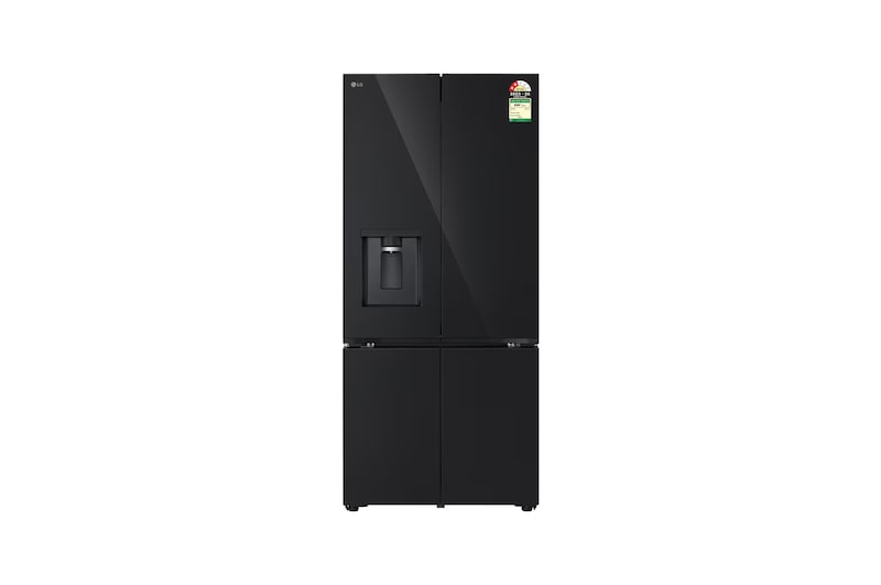 Front view of LG 605L French Door Refrigerator, Water Dispenser, Auto Ice Maker, Wi-Fi Convertible, Black Glass Finish, 2 Star GV-F25FFGHB