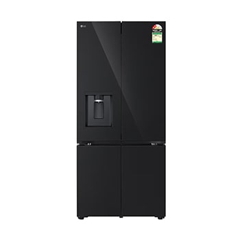 Front view of LG 605L French Door Refrigerator, Water Dispenser, Auto Ice Maker, Wi-Fi Convertible, Black Glass Finish, 2 Star GV-F25FFGHB