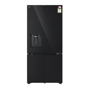 Front view of LG 605L French Door Refrigerator, Water Dispenser, Auto Ice Maker, Wi-Fi Convertible, Black Glass Finish, 2 Star GV-F25FFGHB