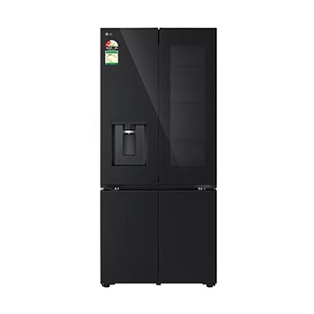 Front view of LG 610L French Door Refrigerator, InstaView, Water Dispenser, Wi-Fi Convertible, Black Glass Finish, 2 Star GV-K25FFGFB