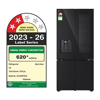 LG GV-K25FFGFB 610L French Door Refrigerator with Wifi-Convertible in Black Glass Front View with Door Open in India