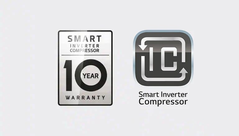 logos of Smart Inverter Compressor and 10 Year Warranty
