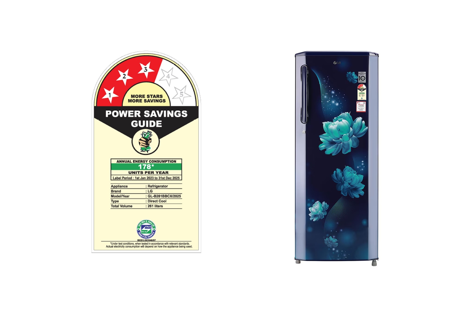 LG 261L, 3 Star, Smart Inverter Compressor, Smart Connect, Blue Charm Finish, Direct Cool Single Door Refrigerator, GL-B281BBCX