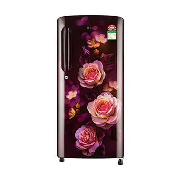 Front view of LG 185 L Single Door Refrigerator, Anti-Bacterial Gasket, Toughened Glass Shelves, Scarlet Bloom, 5 Star GL-B201ASBU