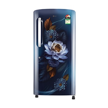 Front view of LG 210 L Single Door Refrigerator, Anti-Bacterial Gasket, Toughned Glass Shelves, Blue Water Lily, 3 Star GL-B231ABWD