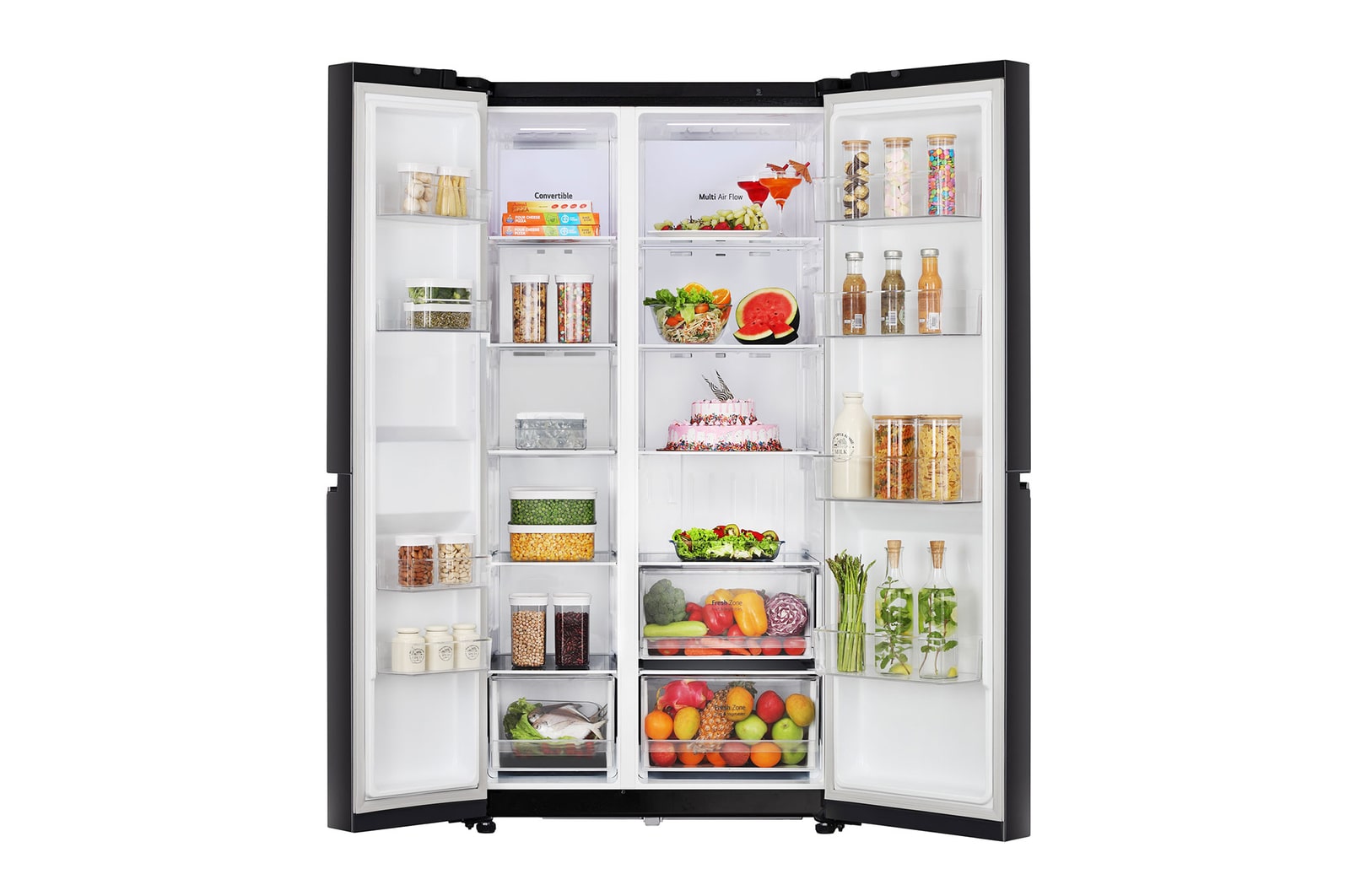refrigerators open view with food