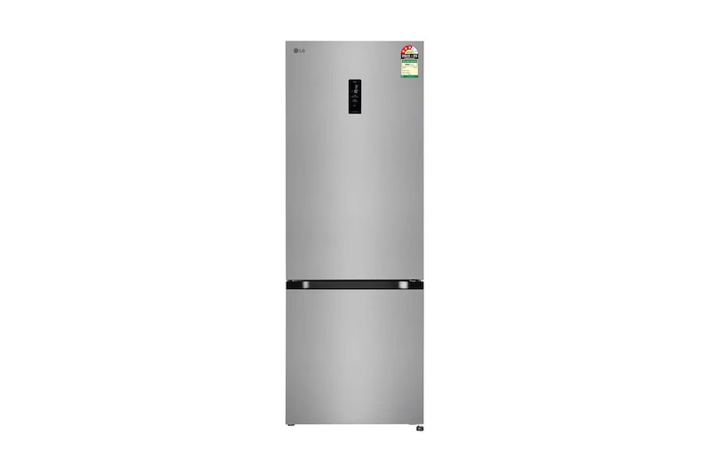 Front view of LG 340L Bottom Freezer Refrigerator, Door Cooling+™, Wi-Fi Convertible, E-Micom, Shiny Steel, 3 Star GL-B382DPZX