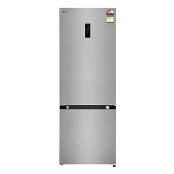 Front view of LG 340L Bottom Freezer Refrigerator, Door Cooling+™, Wi-Fi Convertible, E-Micom, Shiny Steel, 3 Star GL-B382DPZX