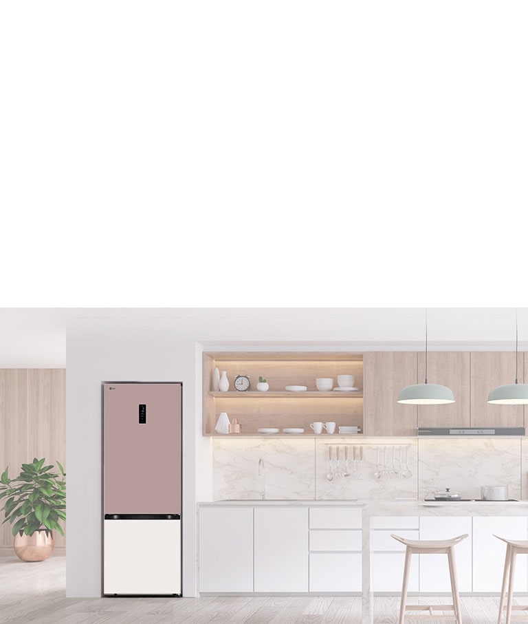 A kitchen showcasing a stylish refrigerator, highlighting its elegant design and seamless integration into the decor.