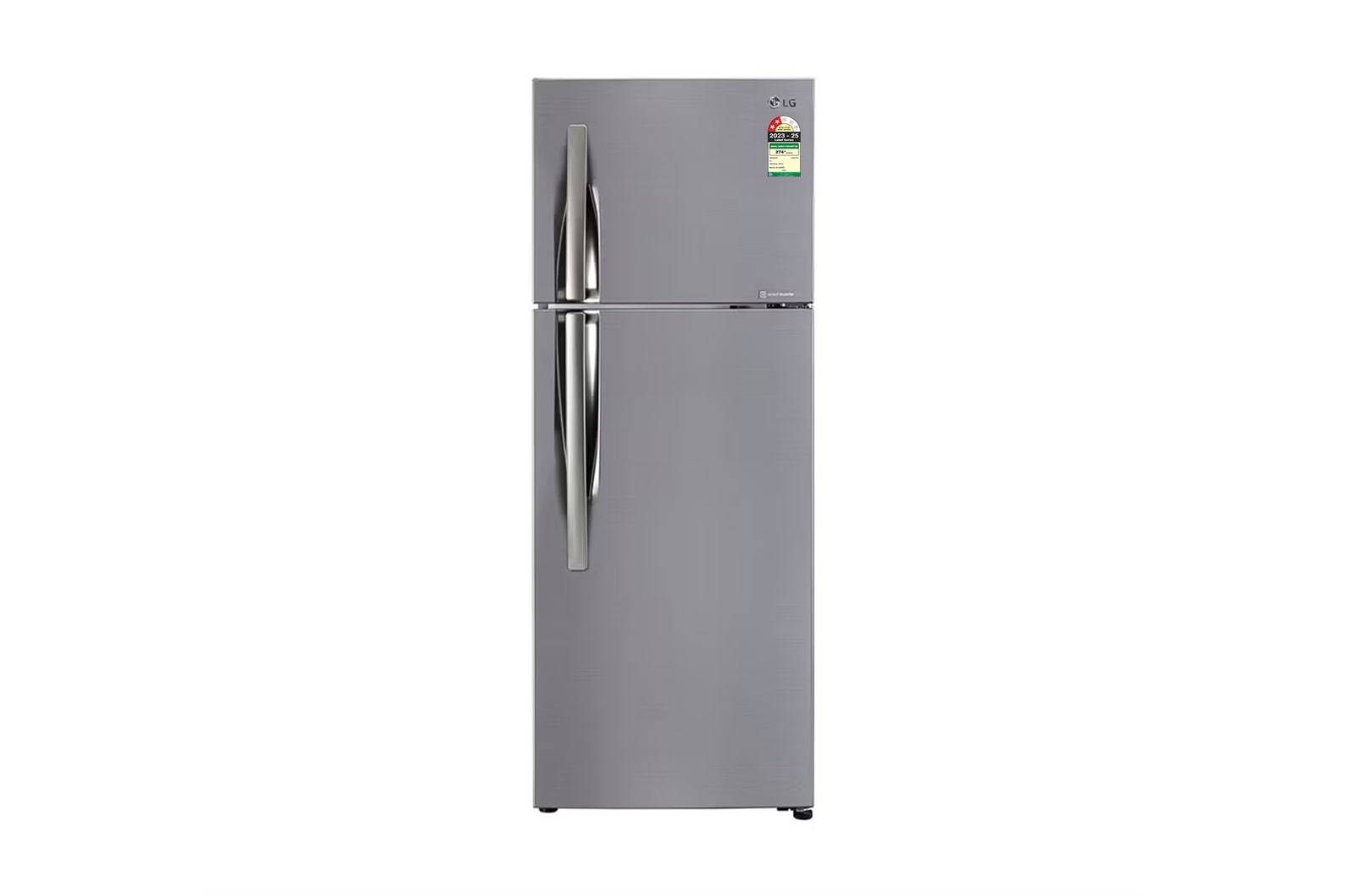 Front view of LG 291L Double Door Refrigerator, Smart Inverter Compressor, Base Stand Drawer, Shiny Steel Finish, 2 Star GL-C322KPZY