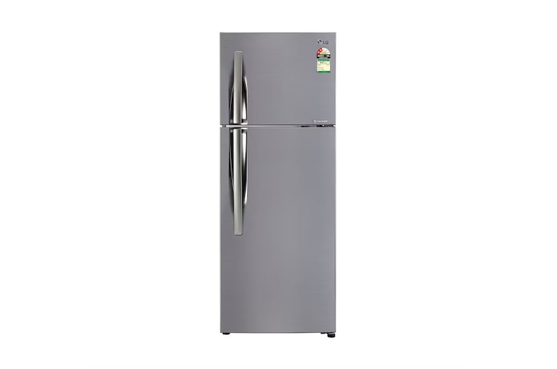 Front view of LG 291L Double Door Refrigerator, Smart Inverter Compressor, Base Stand Drawer, Shiny Steel Finish, 2 Star GL-C322KPZY