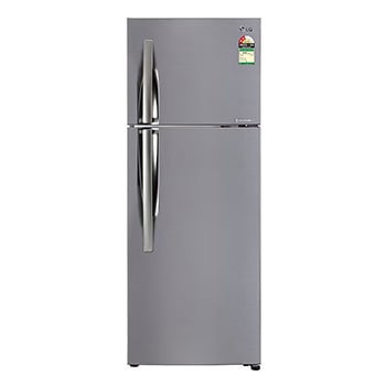 Front view of LG 291L Double Door Refrigerator, Smart Inverter Compressor, Base Stand Drawer, Shiny Steel Finish, 2 Star GL-C322KPZY