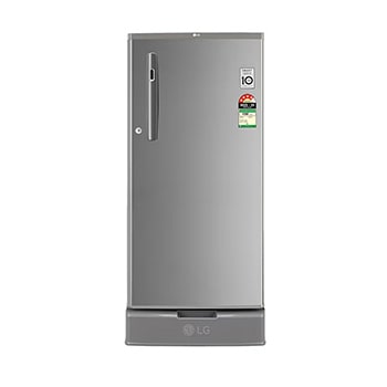 Front view of LG 185L Single Door Refrigerator, Base Stand Drawer, Smart Inverter Compressor, Smart Connect, Shiny Steel, 4 Star GL-D199OPZY