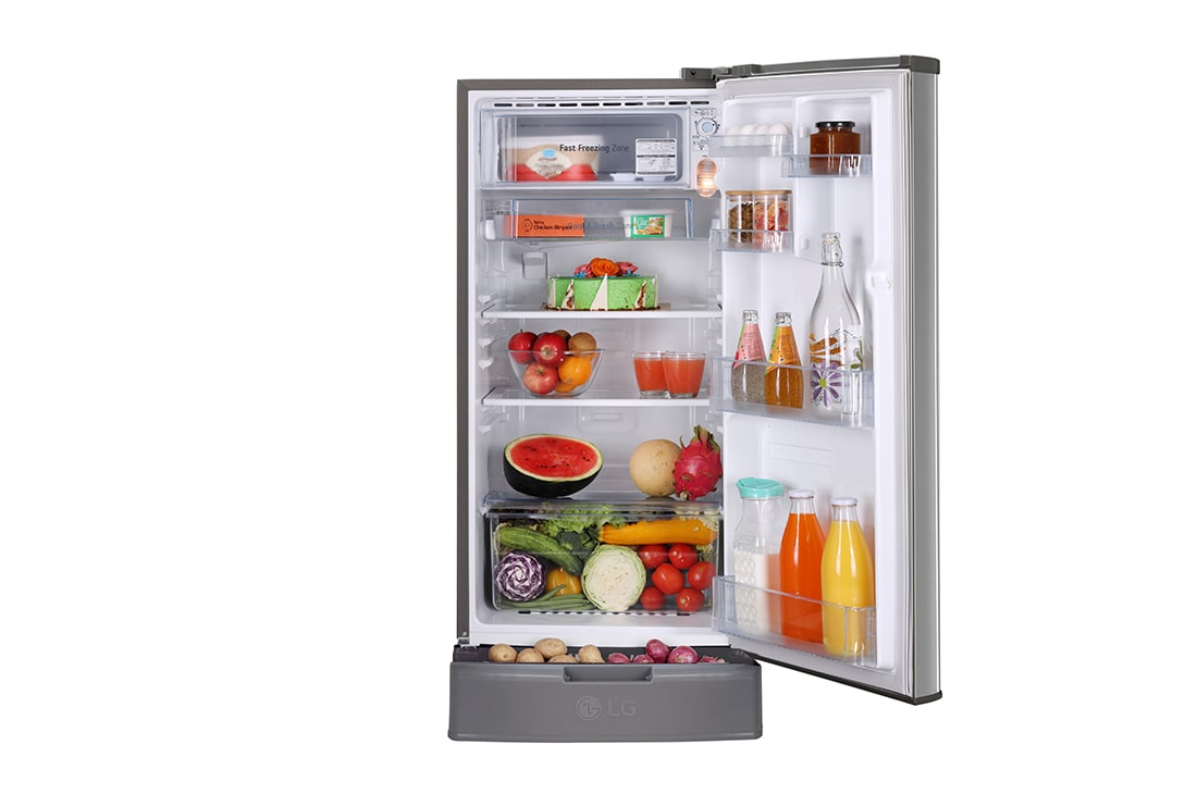 LG 185L, 4 Star, Smart Inverter Compressor, Smart Connect, With Base Stand Drawer, Shiny Steel Finish, Direct Cool Single Door Refrigerator, GL-D199OPZY