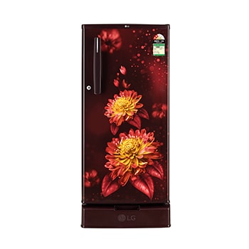 Front view of LG 185 L Single Door Refrigerator, Base Stand Drawer, Toughened Glass Shelves, Scarlet Florance, 2 Star GL-D199OSFC
