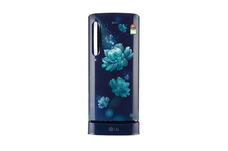 Front view of LG 185L Single Door Refrigerator with Base Stand Drawer, Smart Inverter Compressor, Smart Connect, Blue Charm, 5 Star GL-D201ABCU