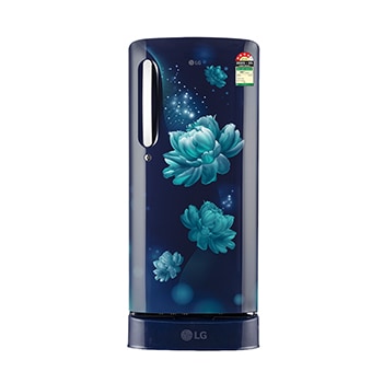 Front view of LG 185 L Single Door Refrigerator, Base Stand Drawer, Toughened Glass Shelves, Blue Charm, 4 Star GL-D201ABCY