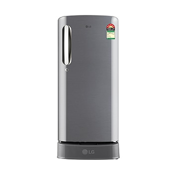 Front view of LG 185 L Single Door Refrigerator, Base Stand Drawer, Smart Inverter Compressor, Shiny Steel, 5 Star GL-D201APZU