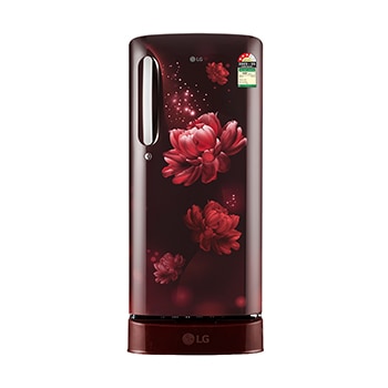 Front view of LG 185 L Single Door Refrigerator, Base Stand Drawer, Toughened Glass Shelves, Scarlet Charm, 3 Star GL-D201ASCD