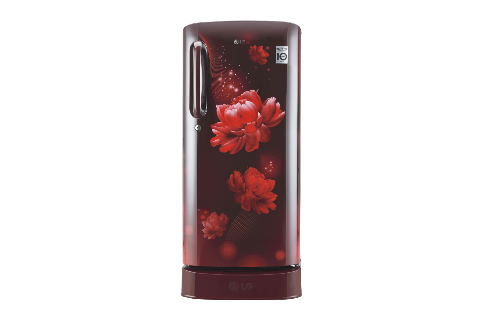 Front view of LG 185L Single Door Refrigerator with Base Stand Drawer, Smart Inverter Compressor, Smart Connect, Scarlet Charm, 5 Star GL-D201ASCU