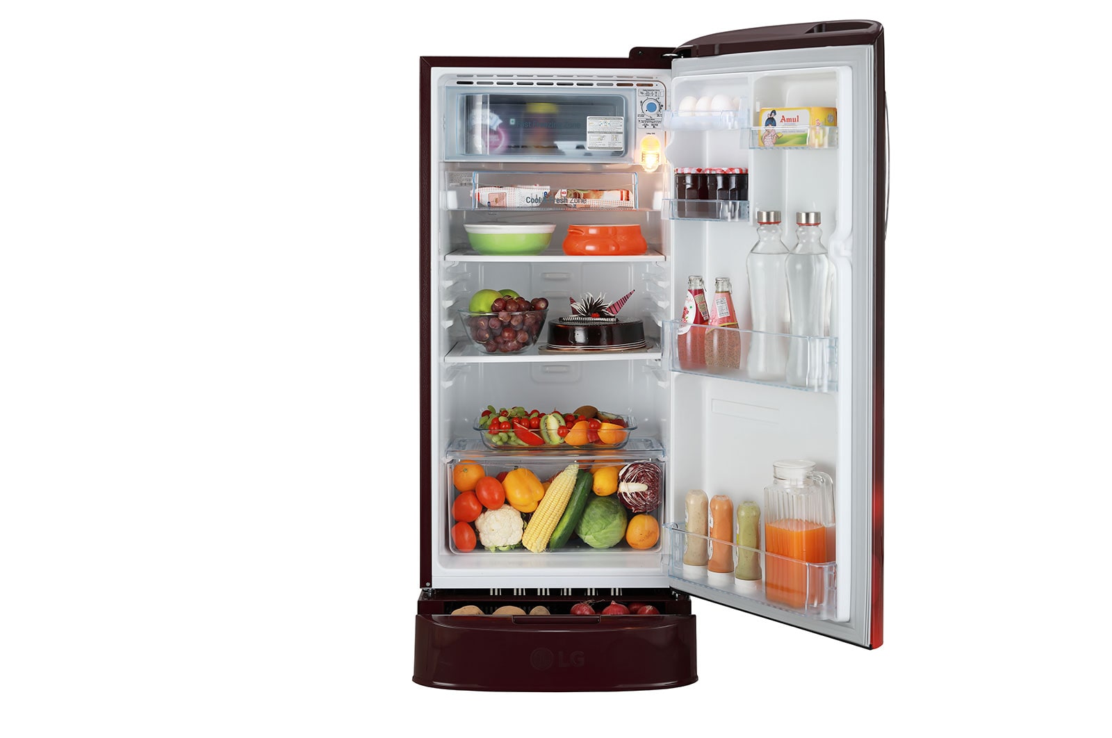 LG 185L Single Door Refrigerator with Base Stand Drawer, Smart Inverter Compressor, Smart Connect, Scarlet Charm, 5 Star, GL-D201ASCU