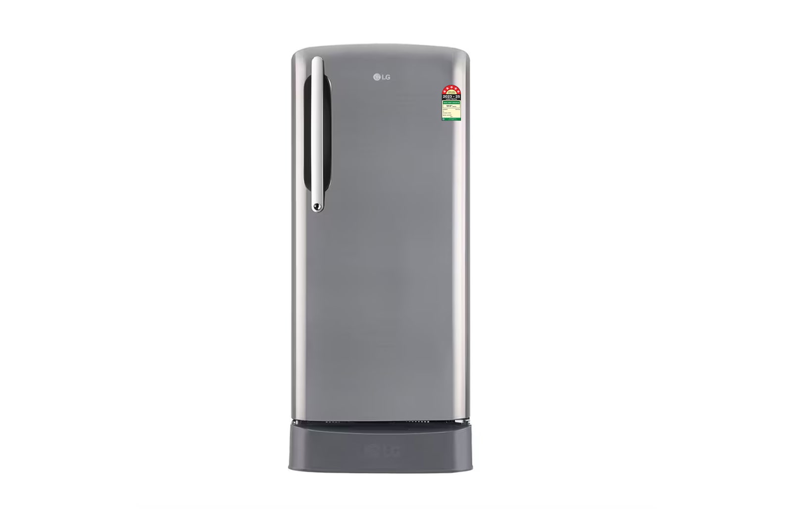Front view of LG 201L Single Door Refrigerator, Direct Cool, Smart Connect, Base Stand Drawer, Shiny Steel Finish, 5 Star GL-D211HPZZ