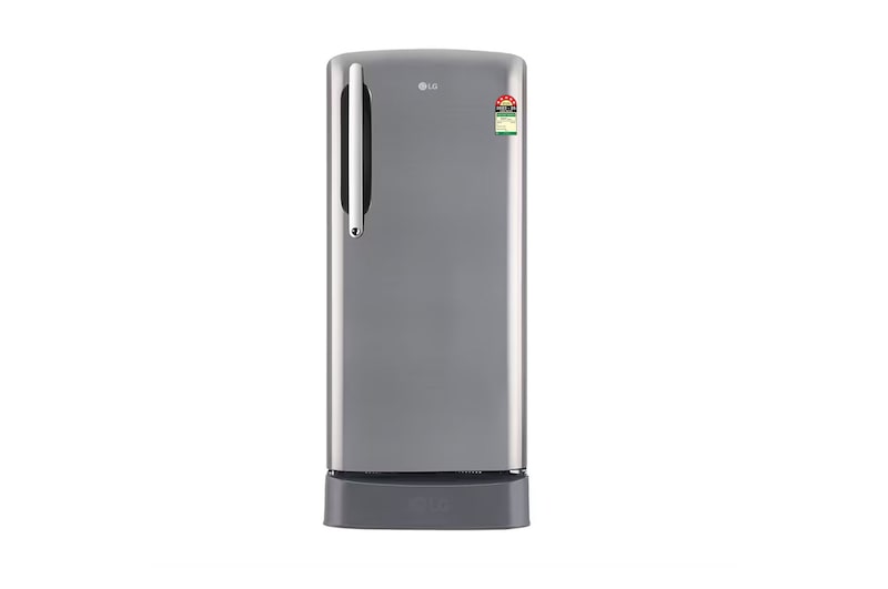 Front view of LG 201L Single Door Refrigerator, Direct Cool, Smart Connect, Base Stand Drawer, Shiny Steel Finish, 5 Star GL-D211HPZZ