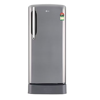 Front view of LG 201L Single Door Refrigerator, Direct Cool, Smart Connect, Base Stand Drawer, Shiny Steel Finish, 5 Star GL-D211HPZZ
