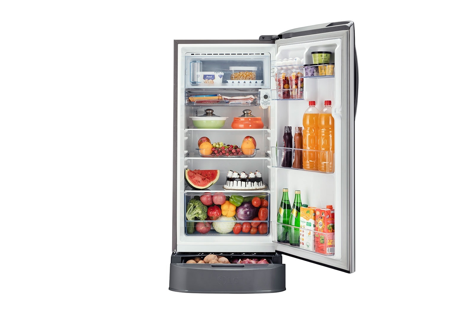 LG 201L, 5 Star, Smart Inverter Compressor, Smart Connect, With Base Stand Drawer, Shiny Steel Finish, Direct Cool Single Door Refrigerator, GL-D211HPZZ