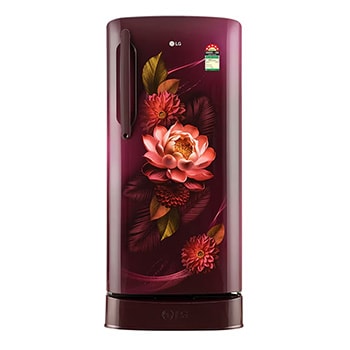 Front view of LG 201L Single Door Refrigerator, Base Stand Drawer, Smart Inverter Compressor, Red Water Lily Finish, 5 Star GL-D211HRWZ