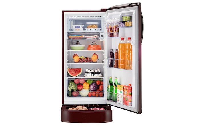 LG 201L Single Door Refrigerator with Smart Inverter Compressor, Base Stand Drawer, Red Water Lily Finish, 5 Star, GL-D211HRWZ, Door Open