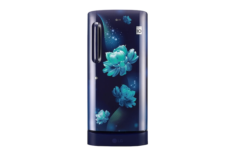 Front view of LG 205L, 4 Star, Smart Inverter Compressor, Smart Connect, With Base Stand Drawer, Blue Charm Finish, Direct Cool Single Door Refrigerator GL-D221ABCY