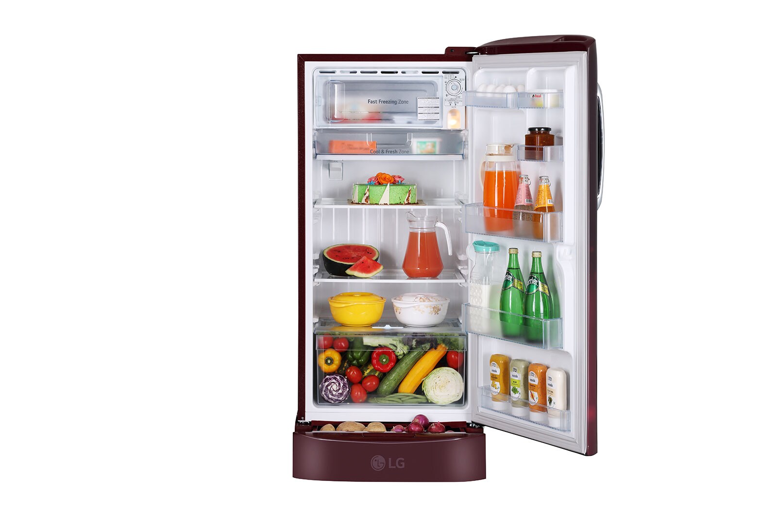 LG 205L,5 Star, Smart Inverter Compressor, Smart Connect, With Base Stand Drawer, Scarlet Charm Finish, Direct Cool Single Door Refrigerator, GL-D221ASCU