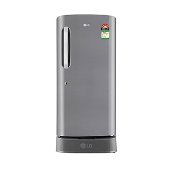 Front view of LG 210L Single Door Refrigerator, Base Stand Drawer, Smart Inverter Compressor, Shiny Steel Finish, 5 Star GL-D231APZU