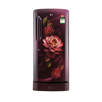 Front view of LG 210L Single Door Refrigerator, Base Stand Drawer, Smart Inverter Compressor, Red Water Lily, 5 Star GL-D231ARWU