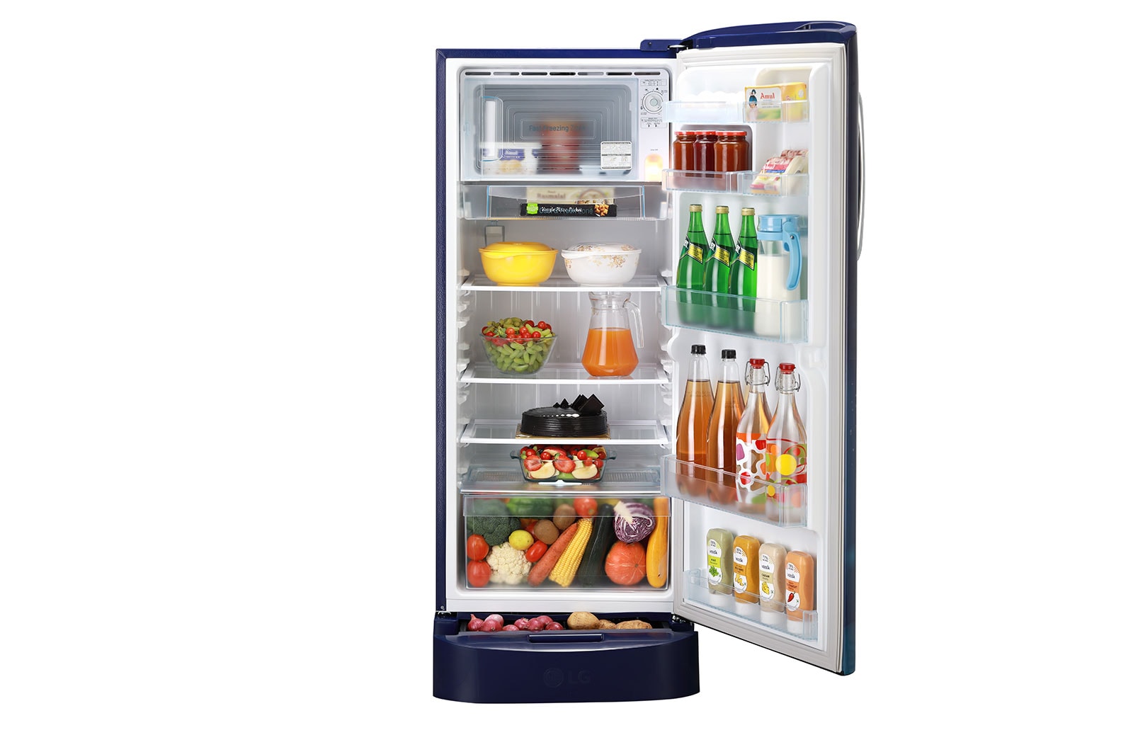 LG 224L, 5 Star, Smart Inverter Compressor, Smart Connect, With Base Stand Drawer, Blue Charm Finish, Direct Cool Single Door Refrigerator, GL-D241ABCU