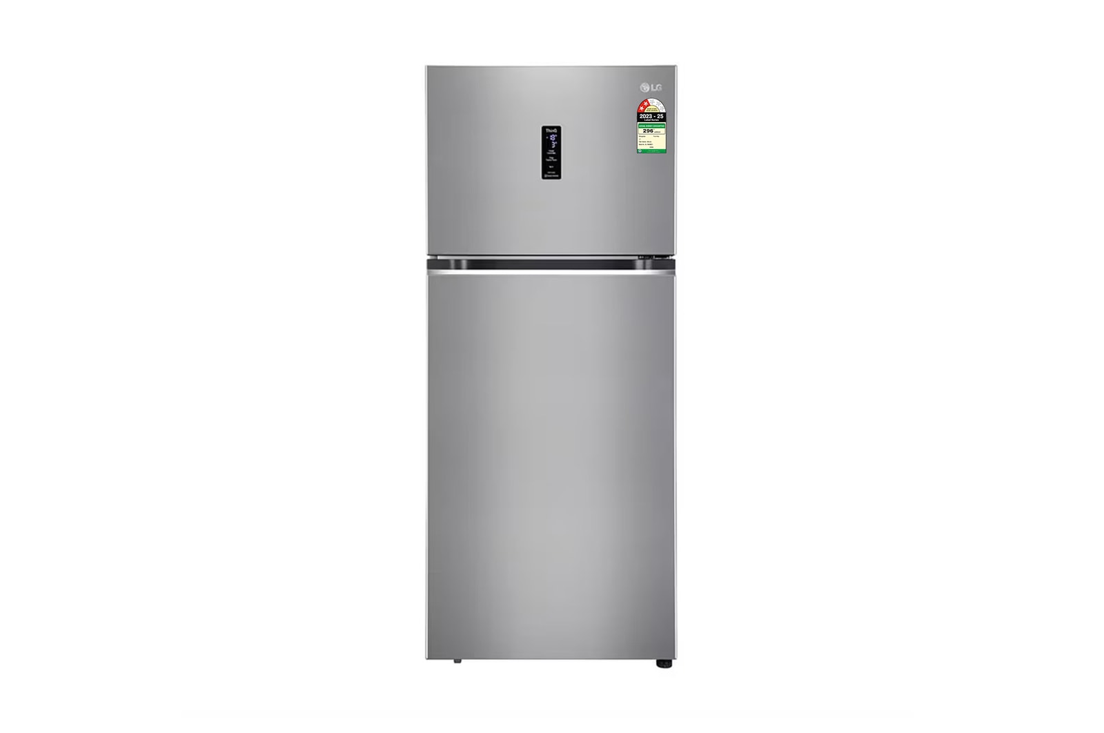 Front view of LG 466L 2-Star Double Door Refrigerator with Smart Inverter Compressor, Door Cooling™ in Shiny Steel Finish GL-T492MPZY