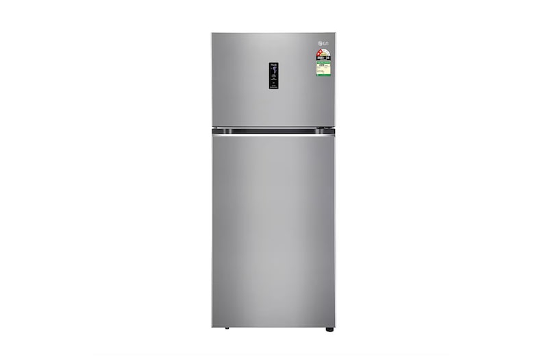 Front view of LG 466L 2-Star Double Door Refrigerator with Smart Inverter Compressor, Door Cooling™ in Shiny Steel Finish GL-T492MPZY